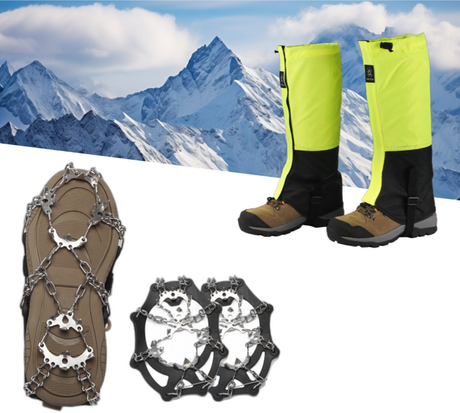 등산 스텐 체인 아이젠 + 방수 롱 스패츠 발토시 세트, M(230-250), 형광