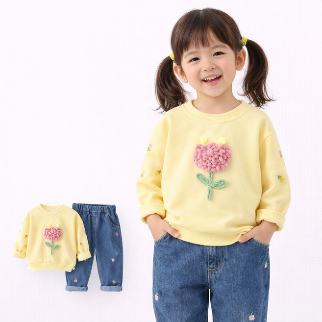 여아 플라워 맨투맨 데님 상하복 세트