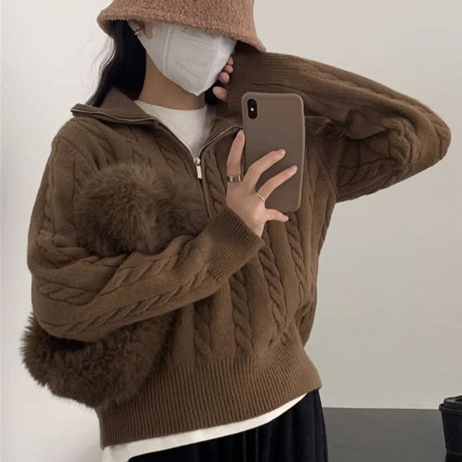 스토리원 WM-FWWT033 여성 꽈배기 반집업 니트 트위스트