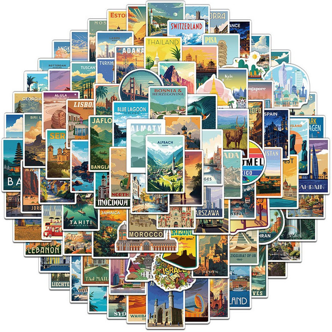 번블랙 유럽 세계여행 국가 전세계 국기 캐리어 다꾸 폰꾸 방수 스티커, 1세트, 세계 명소1