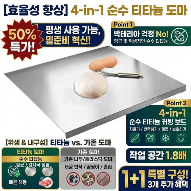 [효율성 향상] 4-in-1 순수 티타늄 도마 다용도 향균도마 자르기 반죽하기 해동 보호하기, 30x30cmx1