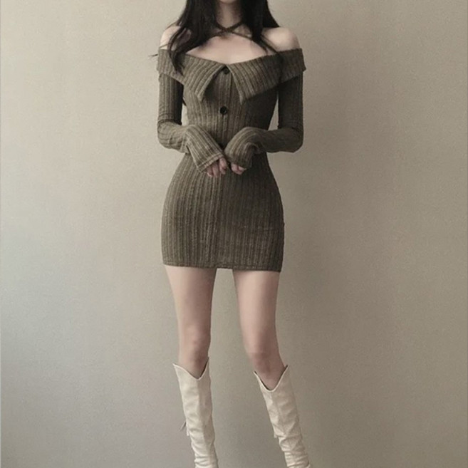 TKX 여성용 니트 오프숄더 버튼 장식 클럽 드레스 신축성 랩스타일 단추 포인트 KZ35