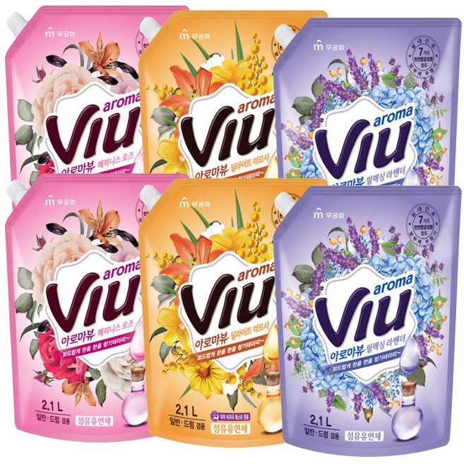 무궁화 아로마뷰 섬유유연제 2100ml, 2.1L, 6개, 로즈2+미모사2+라벤더2