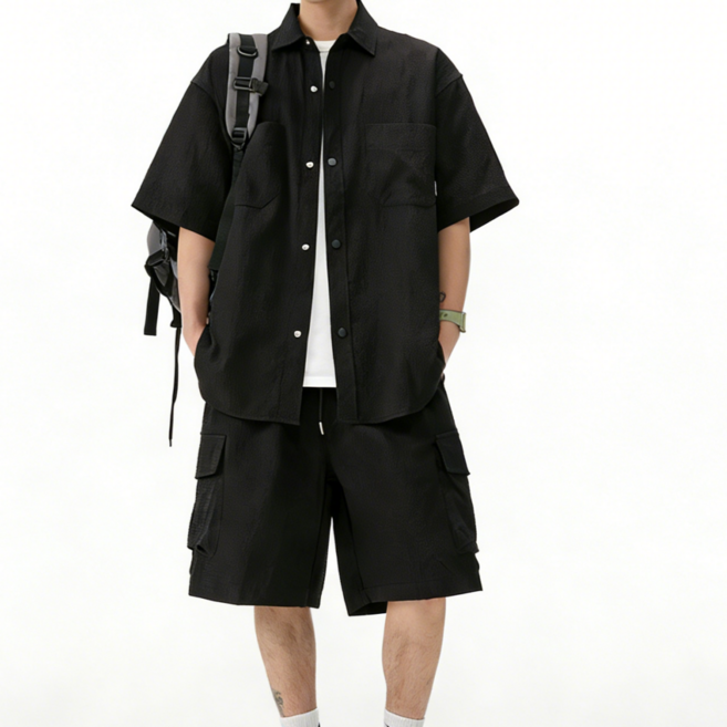 스타일닥터 여름 오버사이즈 캐주얼 세트 남 반팔 셔츠+카고 반바지 투피스