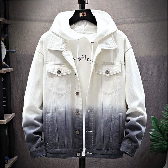 POMTOR 봄 가을 남자 데님 코트 그라데이션 남성 긴팔 루즈핏 캐주얼 데님 재킷