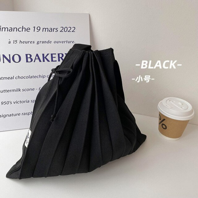 에코백 미니 휴대용 여성용 니트 숄더백 세련된 단색 접이식 드로스트링 쇼핑백 패션 오르간 플리츠 핸드백 토트