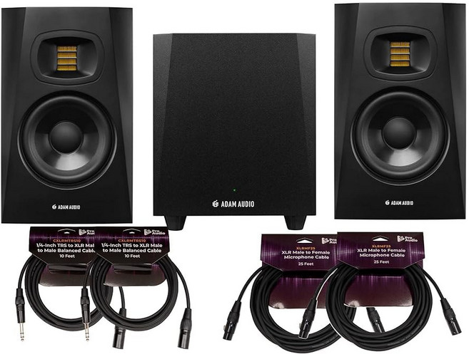 ADAM 오디오 T5V 액티브 근거리 모니터 쌍 번들 스튜디오 서브우퍼 쌍 25피트 XLR 남성 대 XLR 여성 마이크 케이블 1/4인치 TRS 남성 대 XLR 남성 케이블