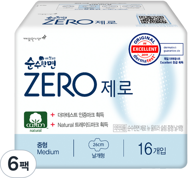 순수한면 제로 생리대 날개형, 중형, 16개입, 6개