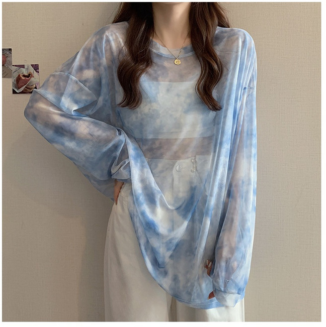 Ladyshare 韓版炫染微透網紗防曬冰絲薄款透視長袖T罩衫 女裝寬鬆顯瘦上衣【G025】, 藍白,F