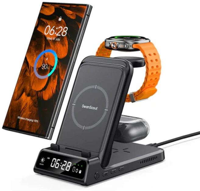 스완스카우트 703S 갤럭시 폰 갤럭시 워치 전용 3in1 무선충전기 이어폰 호환 접이식 거치대 디지털 시계 표시, 1개, 블랙