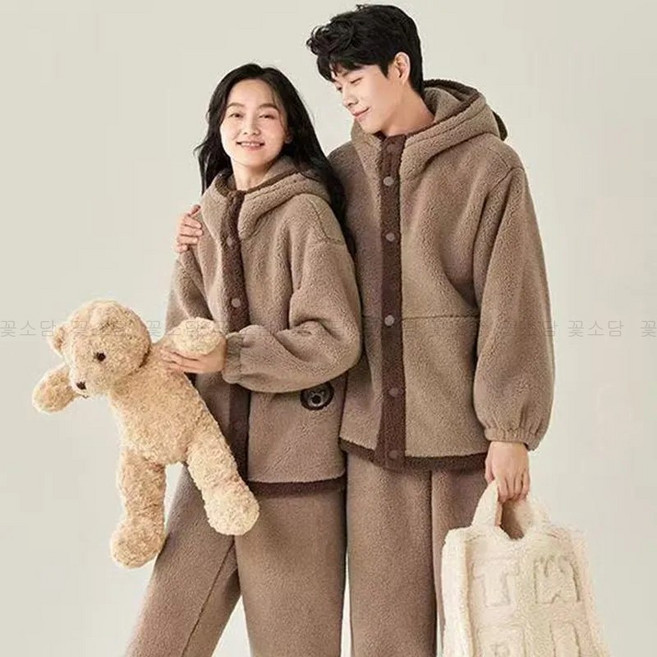 꽃소담 남자 여자 커플 극세사 후드 잠옷 세트 겨울 따뜻한 파자마 투피스 MAL522