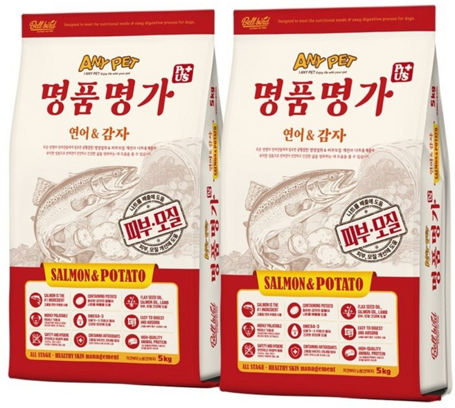 애니펫 명품명가 플러스 연어+감자 5kg 피부 모질 관절 면역력 전연령 기호성 좋은 대용량 강아지사료 x 2개, 연어