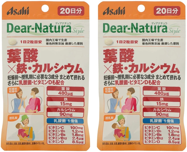 Asahi 디어 내츄라 스타일 엽산 480ug X 철 15mg 칼슘 90mg 타블렛, 2개, 40정 - 쿠팡
