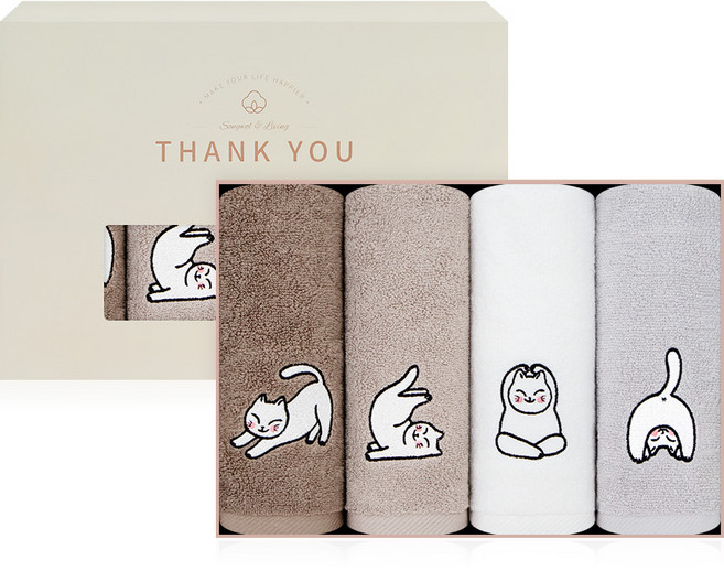 요가냥 고양이 호텔수건 150g 4매 선물세트 (팬시박스), 아이보리1P+그레이1P+라이트브라운1P+다크브라운1P, 1세트