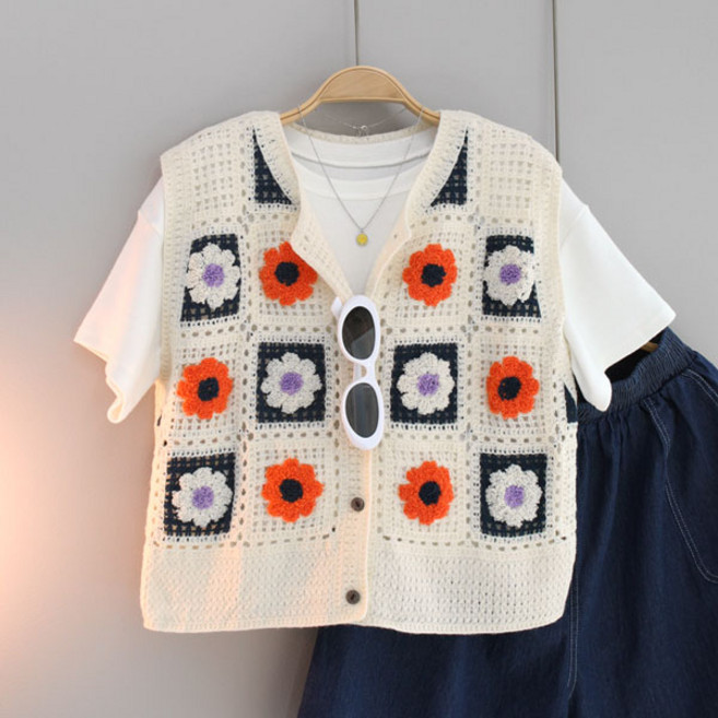 달콩 여성 빅사이즈 펀칭 손뜨개 레이어드 꽃자수니트조끼