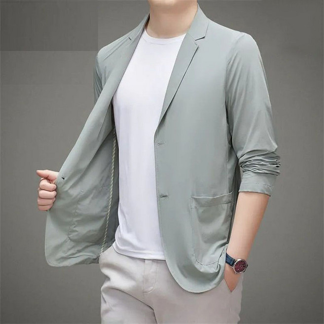 JUSTFEELING 남성 정장자켓 자외선차단 초경량 블레이저 스판 무시 자켓 코트 아이스 쿨링 캐주얼 얇은 정장 코트 M-7XL