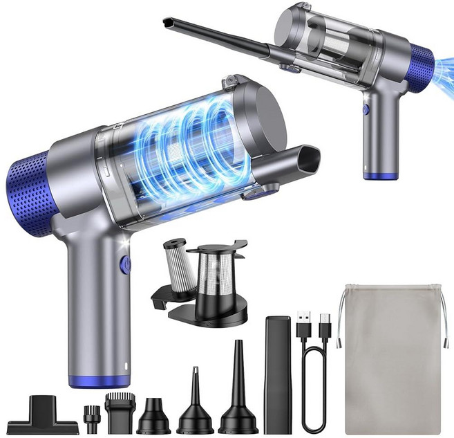 JONYJ 휴대용 자동차 진공 청소기 무선 16000PA 2 in 1 에어 더스터 및 미니 충전식 LED 멀티 노즐 세척 가능한 필터 포함 홈 오피스 반려동물용 213555, 그레이 & 블루