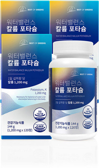 워터밸런스 칼륨 포타슘 1200mg, 3개, 120정