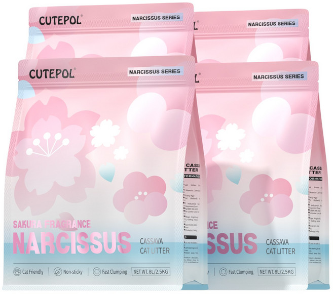 CUTEPOL 카사바 고양이모래 먼지없는 캣 리터 응고형 극세입자, 2.5kg, 4개, 벚꽃 향