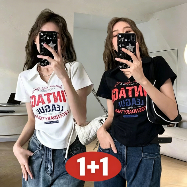 여성 여름 [1+1] 초특가 레터링 프린트 크롭 섹시 루즈핏 반팔 티셔츠