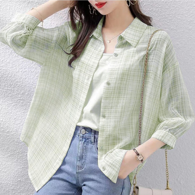 로르카 여성 카라넥 체크 패턴 버튼 자외선차단 7부소매 셔츠 T06031631