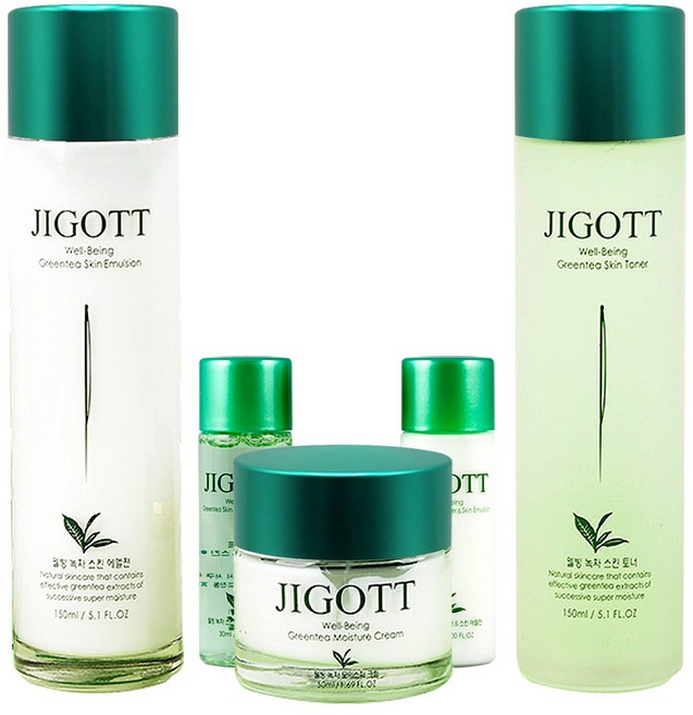 지고트 웰빙녹차 스킨케어 로션 토너 크림 3종 세트(스킨 +로션 +크림 +스킨샘플 +로션샘플), 1세트