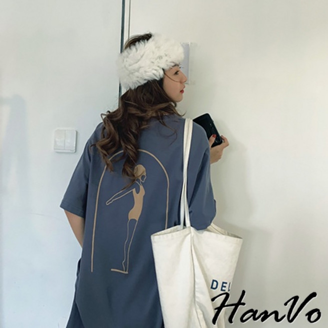HanVo 跳水少女小開衩口袋長版T 韓版休閒寬鬆藏肉顯瘦連衣裙 舒適棉料, 灰藍