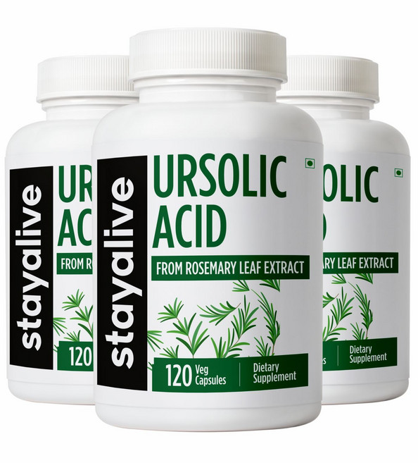 Stayalive 남성 및 여성용 우르솔산 보충제 300mg 로즈마리 잎 추출물 분말 비-GMO 및 글루텐 프리 순수 우르솔산 캡슐, 3개