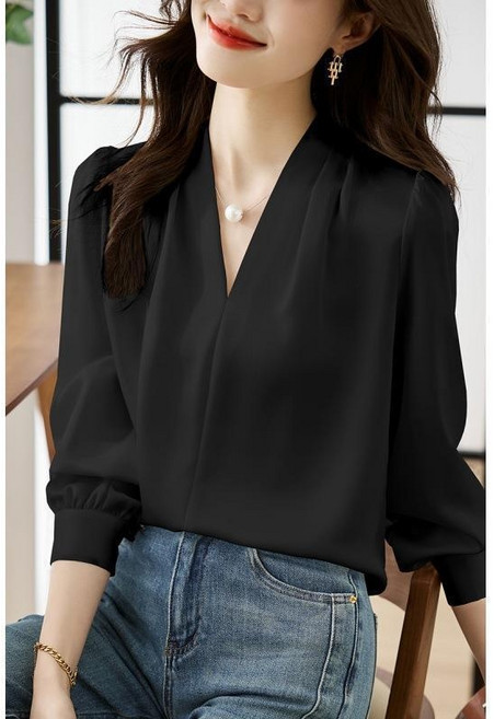 ANYOU 여성 봄 브이넥 긴팔 블라우스 통근 블라우스 티 dh95