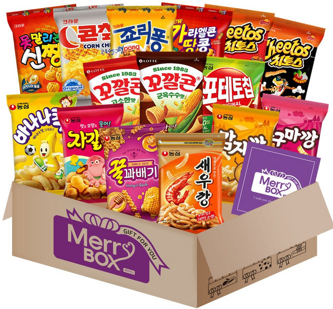 메리박스 봉지스낵 02호 세트(새우깡+바나나킥+포테토칩+꿀꽈배기+고구마깡+감자깡+자갈치+신짱+죠리퐁+카라멜콘땅콩+콘칩+꼬깔콘+치토스), 1박스, 과자세트