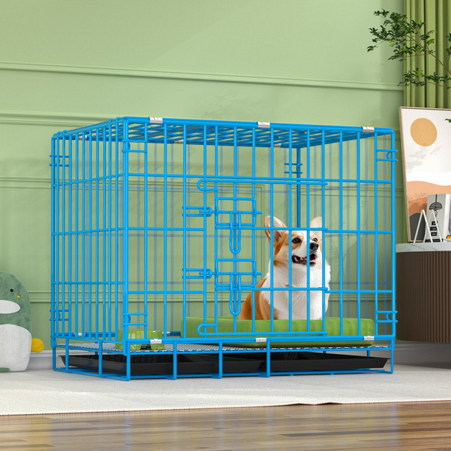 狗籠子泰迪小型犬籠金屬家用室內外窩車載籠寵物貓籠救助籠圍欄廠, 1個, 藍色-85加粗雙鎖:籠子(托盤+腳墊)