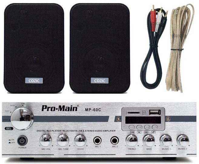 블루투스 매장용 미니 앰프 스피커 세트 카페 매장 업소용 벽걸이, MP-60C 1개 + 4인치 스피커 2개(블랙)