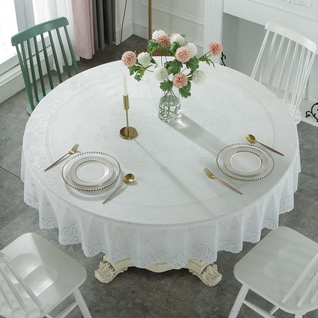 榕樹大圓桌布 防水防油PVC塑料台布 燙金免洗 - 230cm, 編號09花型純白色,直徑90cm轉盤, 1個