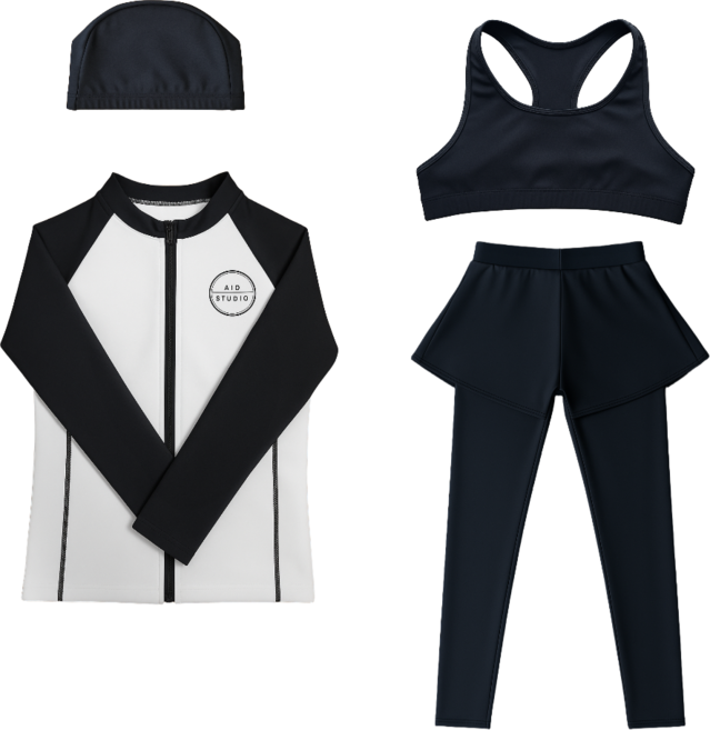 에이드스튜디오 여아 주니어 블랙화이트집업 래쉬가드 4종세트