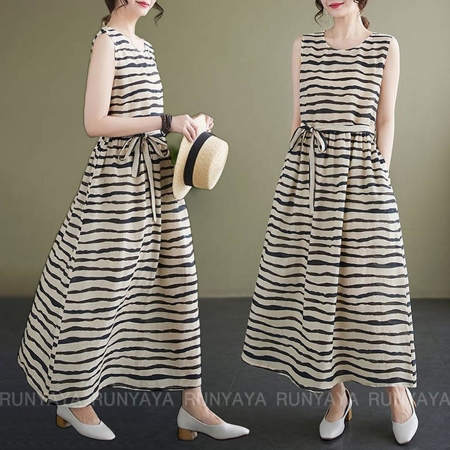 라운드넷 민소매 루즈핏 롱 원피스 여름 여성 원피스 캐주얼 비치 나시원피스 D99U