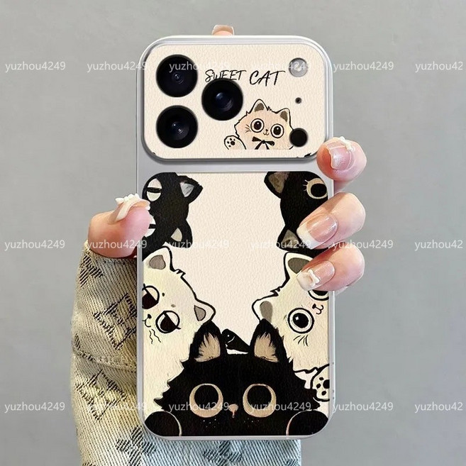 iPhone 手機殼 黑白圍觀貓圖案大視窗貼皮防摔殼附掛繩與支架
