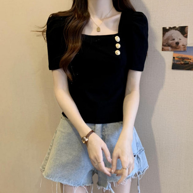 AURALA 여성 예쁜 퍼프소매 스퀘어넥 반팔티 패션 슬림핏 반팔 티셔츠