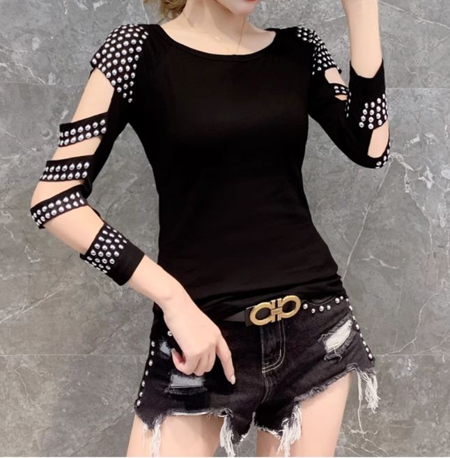 쌍천 장구 난타 행사 공연복 의상 무용 재즈 방송 댄스 얇은 캐주얼 징 박힌 긴팔 상의