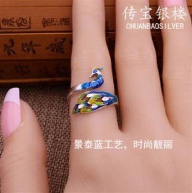 傳寶銀樓 孔雀純銀戒指 景泰藍工藝