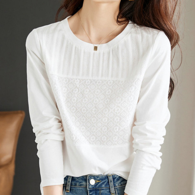 나바바 NT3201 여성 플라워 자수 포인트 라운드넥 긴팔 티셔츠