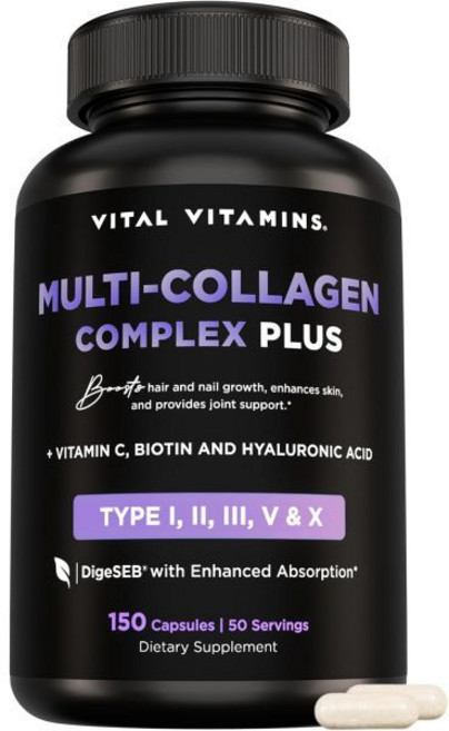 Vital Vitamins Multi Collagen Complex Plus - with Biotin Hyaluronic Acid Vitamin C - Type I II, 150 Count (Pack of 1), Multi Collagen Plus, 1개