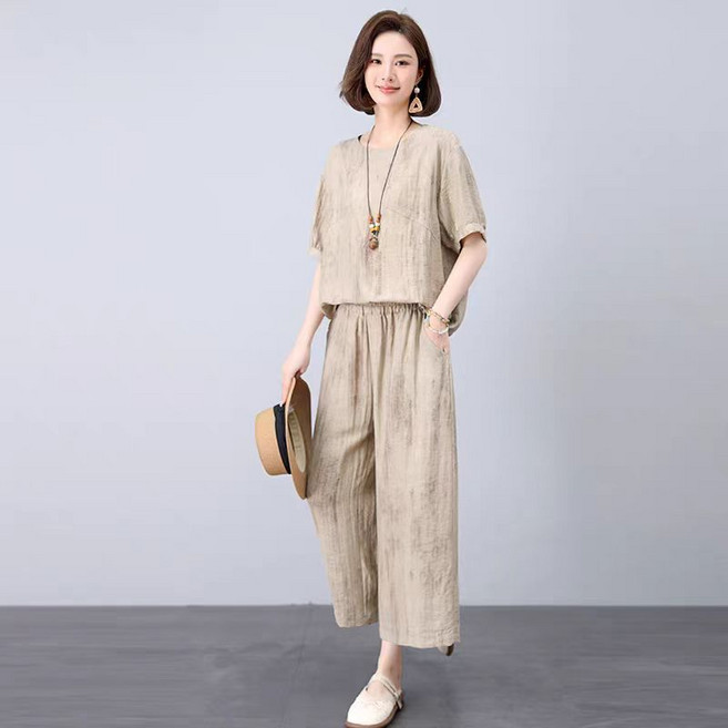 편안한 여름 세트복 반팔 블라우스 + 와이드 슬랙스 반바지 상하 투피스 중년 여성복