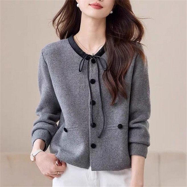 TKX 여성 니트 가디건 가을 겨울 캐주얼 버튼 장식 정장 스타일 스트링 브이넥