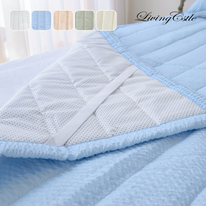 [국산] 리빙캐슬 여름 시어서커 데일리 누빔 고정밴딩 침대패드, 블루