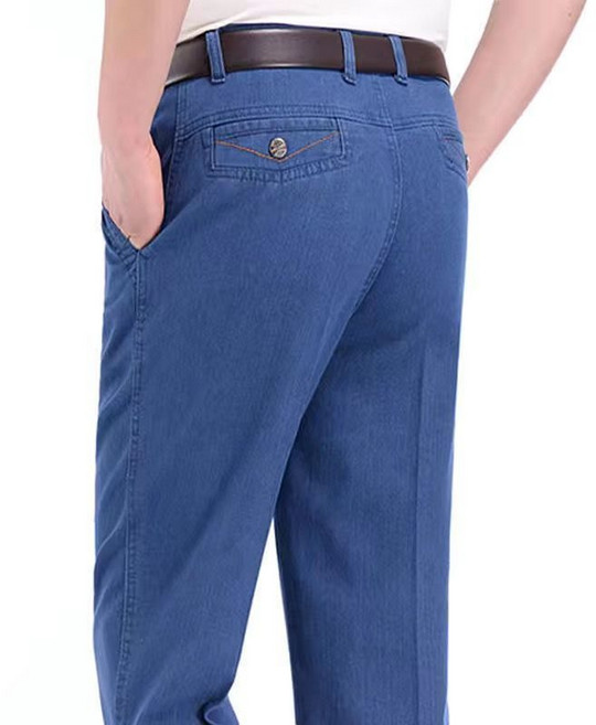 중년 남성 데님 팬츠 캐주얼 봄 여름 하이웨이스트 얇은 청바지 루즈핏 중장년 스판 일자 데님 팬츠 MJS