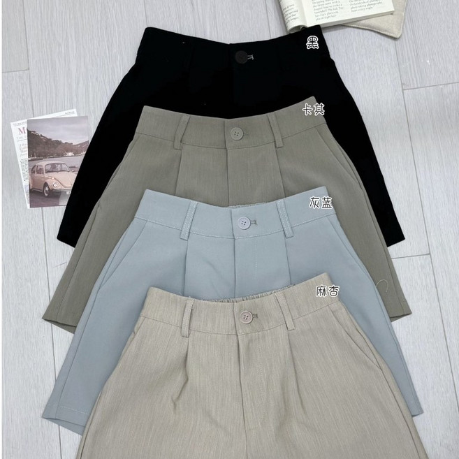 素色前打摺後鬆緊開釦拉鍊西裝短褲 女裝休閒高腰寬鬆涼感褲