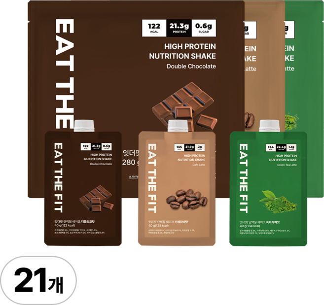 잇더핏 단백질 쉐이크 3주플랜 (더블초코맛 1주+카페라떼맛 1주+녹차라떼맛 1주), 3개, 280g