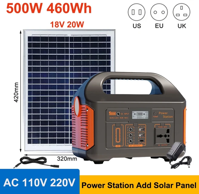 가이아레이 500W 300W 100W 휴대용 발전소 태양광 발전기 460Wh 리튬인산철 배터리 110V 220V 에너지 발전, 01 110V, 01 US, 06 500W Add Solar Panel