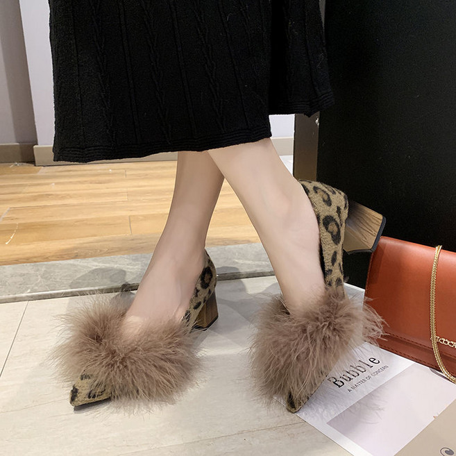 라오농 하이힐 여중 스틸레토 스틸레토 단화 레오파드 퍼 미들힐 여중화+d2509LL
