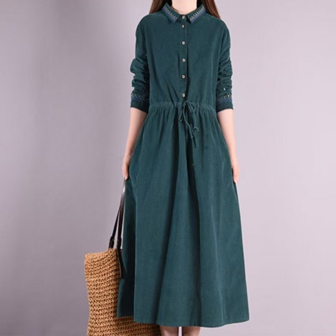 오스틱니 빅사이즈 여성 셔츠형 클래식 골덴 맥시 원피스 겨울 날씬해보이는 카라 코듀로이 자수 줄무늬 여성의류 하객룩 우아한 예쁜 홈웨어 캐쥬얼 데일리 플레어 롱원피스